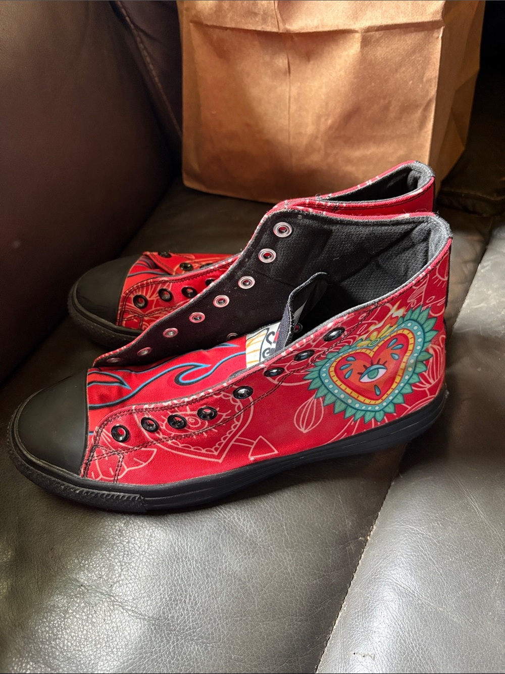 Red High-Top Canvas Sneakers with Heart Pattern - Men